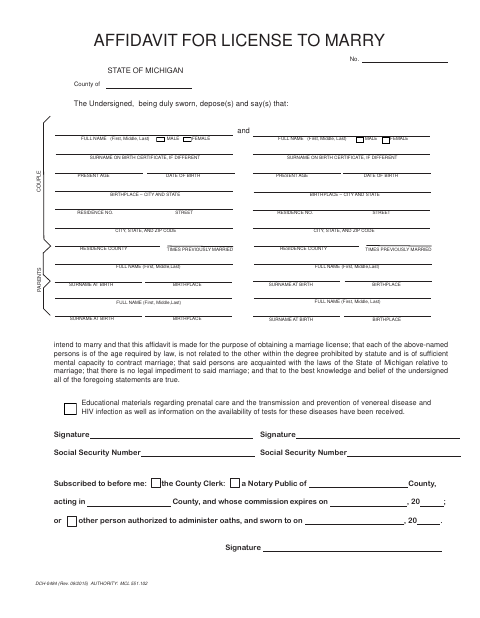 Affidavit for License to Marry, Presque Isle County form, first page