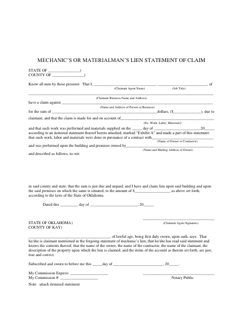 Mechanic’s or Materialman’s Lien Statement of Claim, Kay County form, first page