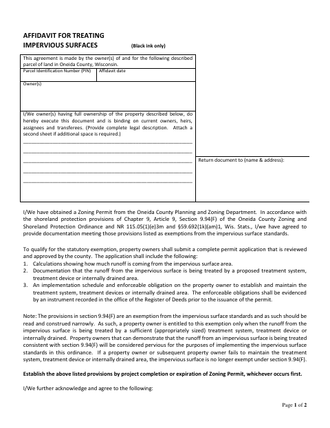 Affidavit for Treating Impervious Surfaces, Oneida County form, first page
