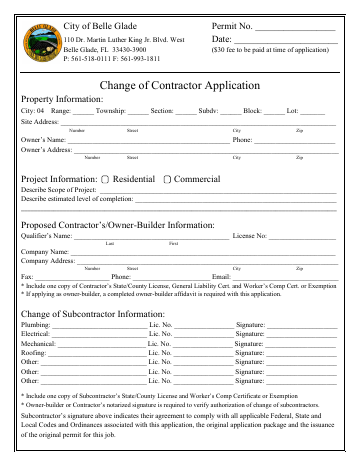 First page of the Change of Contractor Application