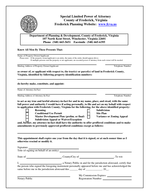 Special Limited Power of Attorney, Frederick County form, first page