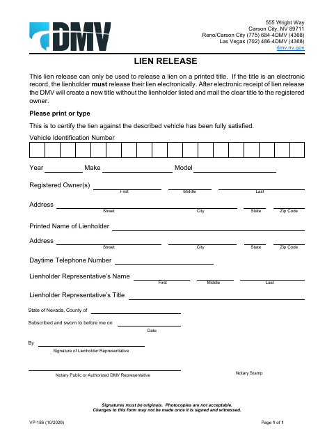 Lien Release VP-186 first page