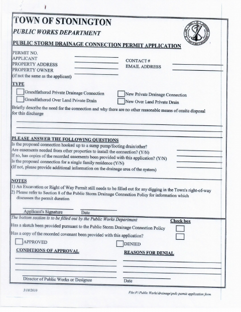 First page of the Public Storm Drainage Connection Permit and Covenant