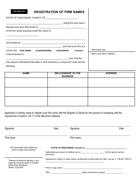 Registration of Firm Names, Door County form, first page