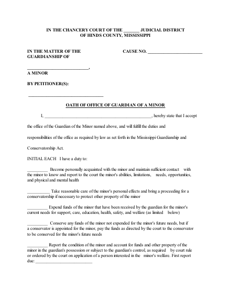 Oath of Office of Guardian of a Minor, Hinds County form, first page