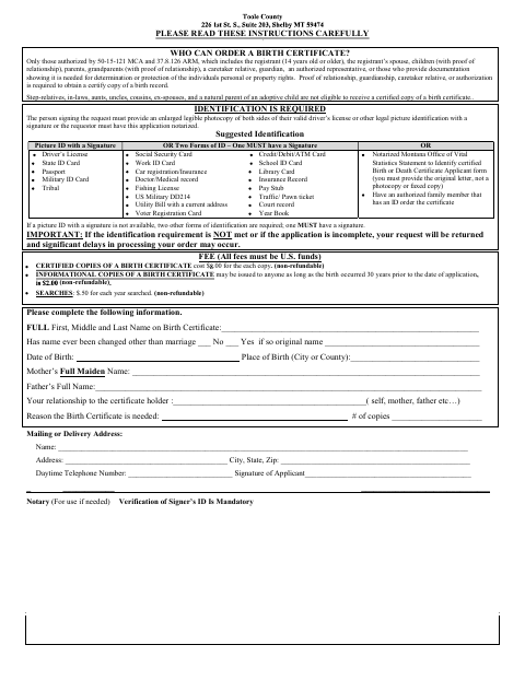 Birth Certificate Application, Toole County form, first page