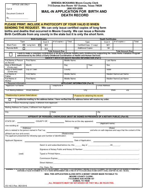 Mail-In Application for Birth and Death Record, Moore County form, first page