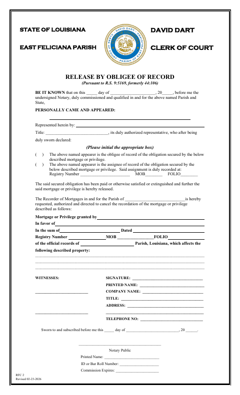 Release by Obligee of Record, East Feliciana Parish form, first page