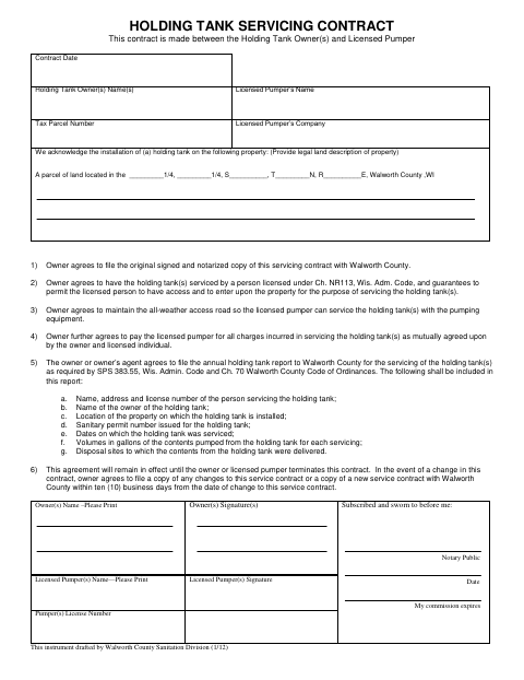 Holding Tank Servicing Contract, Walworth County form, first page