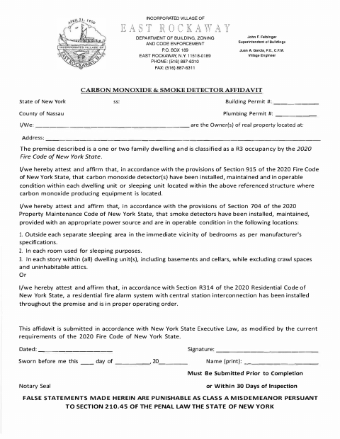 First page of the Carbon Monoxide and Smoke Detector Affidavit
