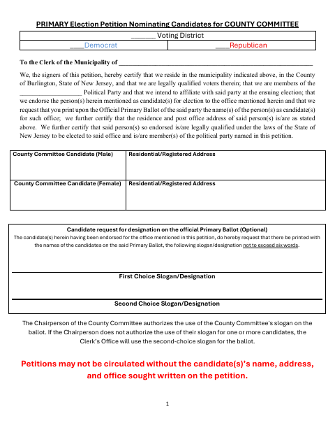 Primary Election Petition for County Committee Candidates, Burlington County form, first page