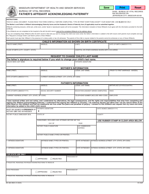 Father’s Affidavit Acknowledging Paternity (MO 580-2959) first page