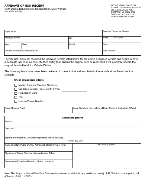 Affidavit of Non-Receipt (SFN 16782) first page