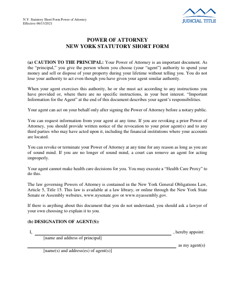New York Statutory Short Form Power of Attorney, Jefferson County form, first page