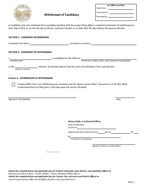 Withdrawal of Candidacy, Lake County form, first page