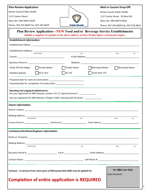 First page of the New Food and Beverage Establishment Plan Review Application