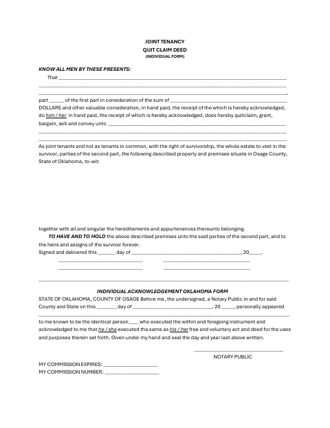 Joint Tenancy Quit Claim Deed (Individual Form), Osage County form, first page