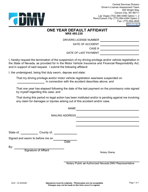 DLD-33 One Year Default Affidavit first page