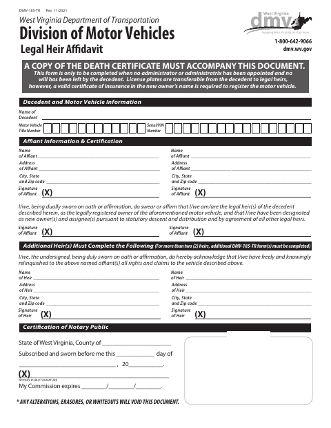 DMV-185-TR Legal Heir Affidavit first page
