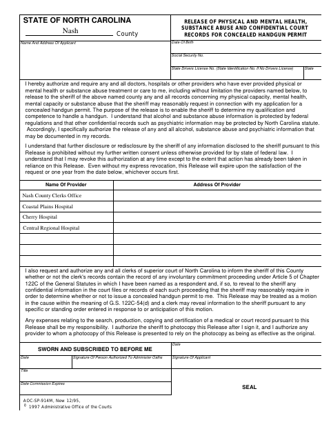 Release of Physical and Mental Health, Substance Abuse and Confidential Court Records for Concealed Handgun Permit, Nash County form, first page