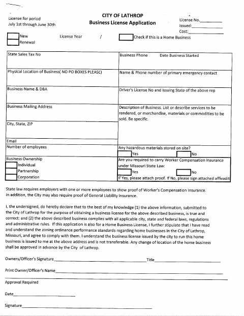 First page of the Business License Application
