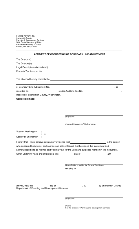 Affidavit of Correction of Boundary Line Adjustment, Snohomish County form, first page
