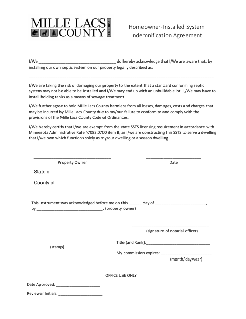 Homeowner-Installed System Indemnification Agreement, Mille Lacs County form, first page