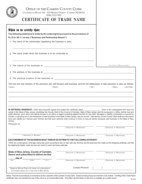 Certificate of Trade Name, Camden County form, first page