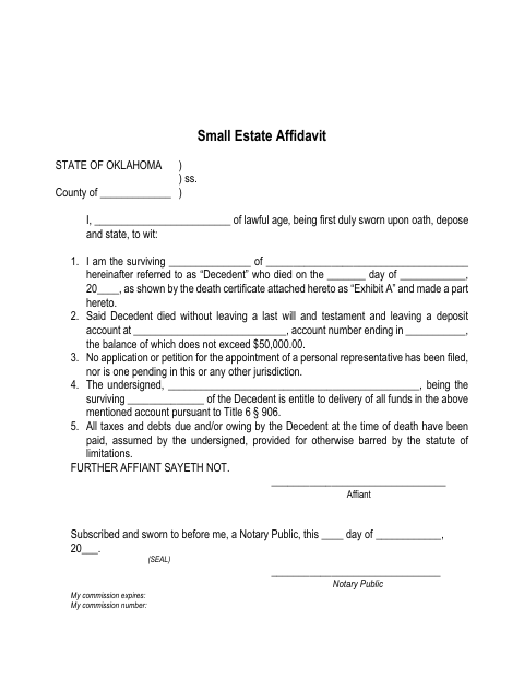Small Estate Affidavit, Rogers County form, first page