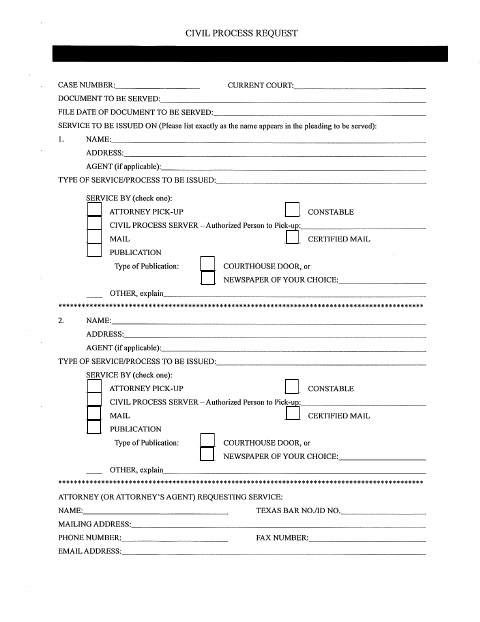 First page of the Civil Process Request Form