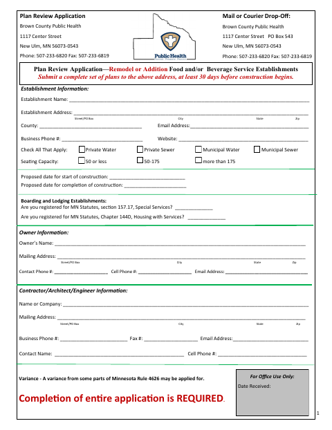 First page of the Remodel or Addition Plan Review Application for Food and Beverage Establishments