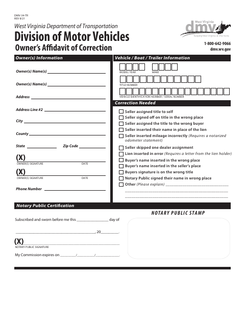 DMV-34-TR Owner's Affidavit of Correction first page