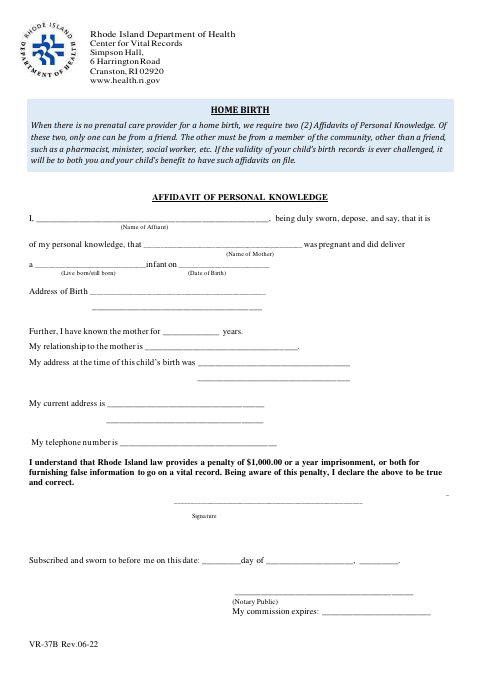VR-37B Affidavit of Birth of Personal Knowledge first page