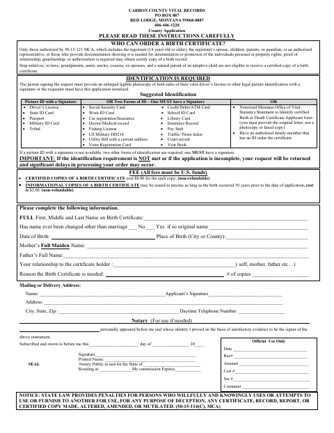 Birth Certificate Application, Carbon County form, first page