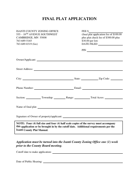 First page of the Final Plat Application