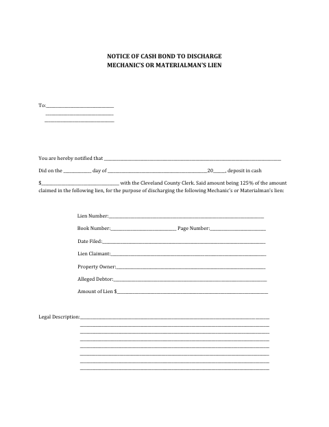 Notice of Cash Bond, Cleveland County form, first page