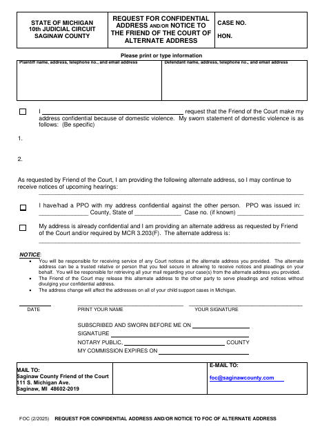 Request for Confidential Address or Alternate Address Notice, Saginaw County form, first page