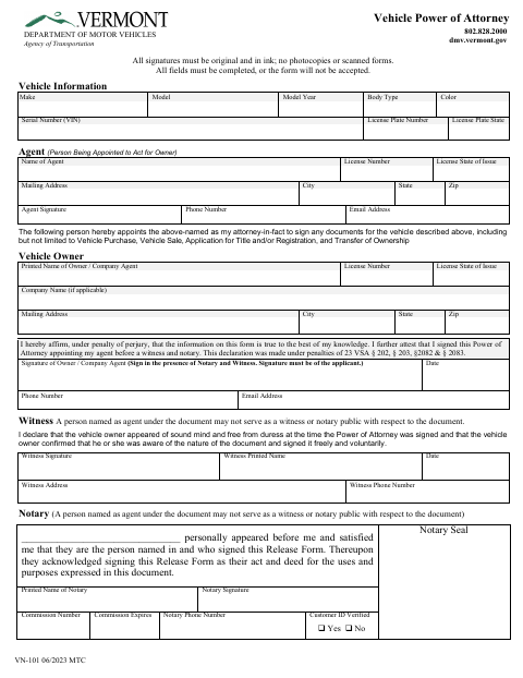 VN-101 Vehicle Power of Attorney first page