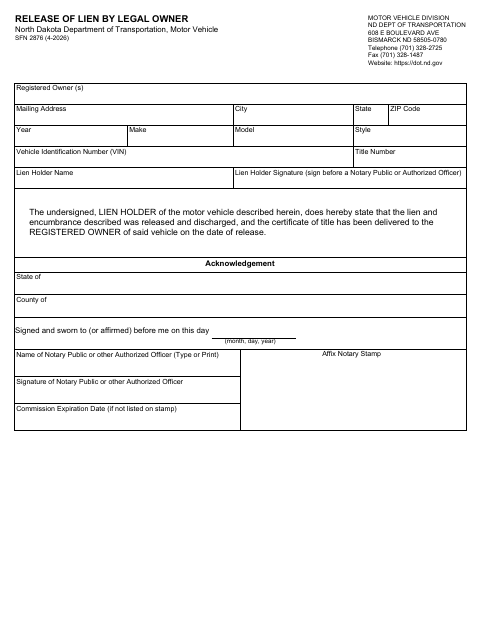 SFN 2876 Release of Lien by Legal Owner first page