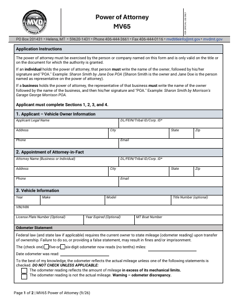MV65 Power of Attorney first page