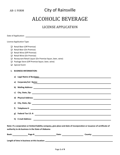 First page of the Alcoholic Beverage License Application