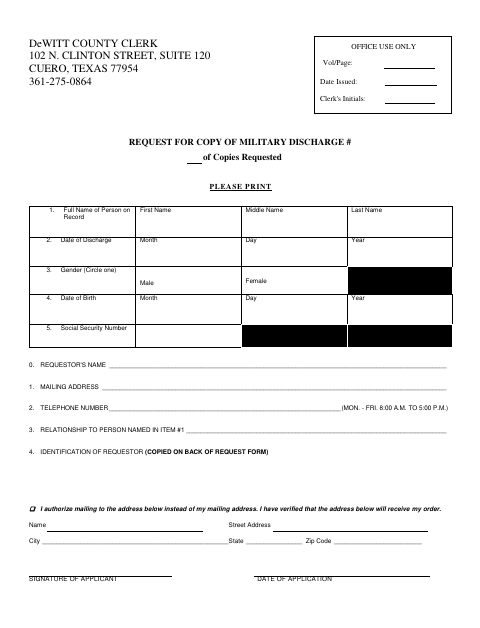 First page of the Request for Copy of Military Discharge