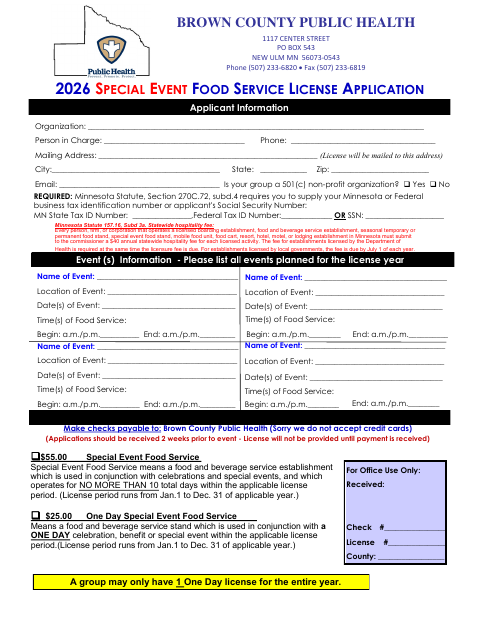 First page of the 2026 Special Event Food Service License Application