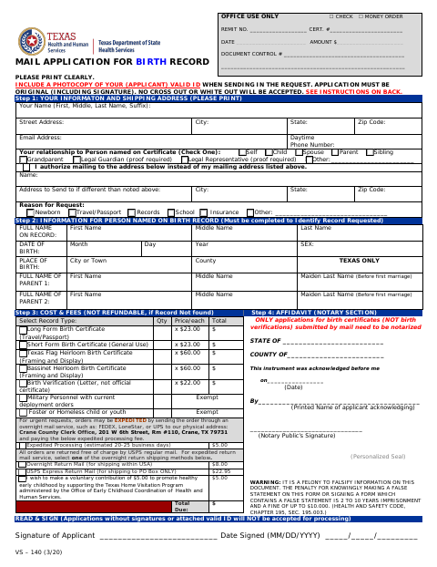 Mail Application for Birth Record, Crane County form, first page