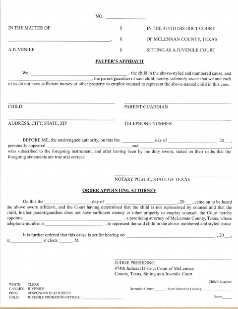 Juvenile Affidavit and Request for Court Appointed Counsel, McLennan County form, first page
