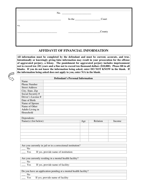 Affidavit of Financial Information, McLennan County form, first page