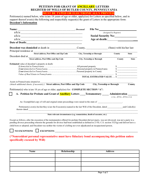Petition for Grant of Ancillary Letters, Butler County form, first page