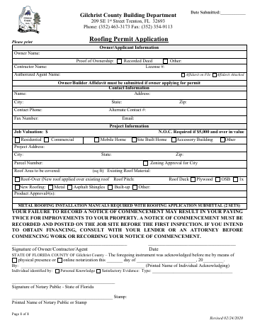 Roofing Permit Application — Gilchrist County form, first page