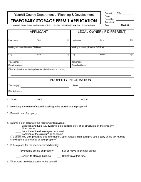 Temporary Storage Permit Application, Yamhill County form, first page