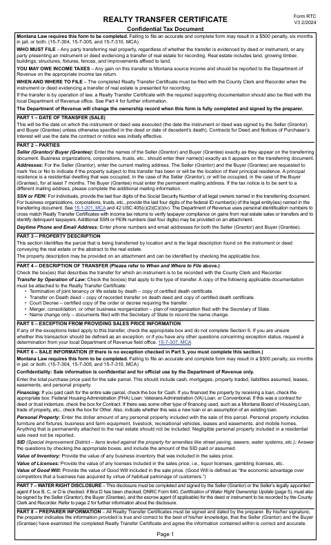 First page of the Montana Realty Transfer Certificate